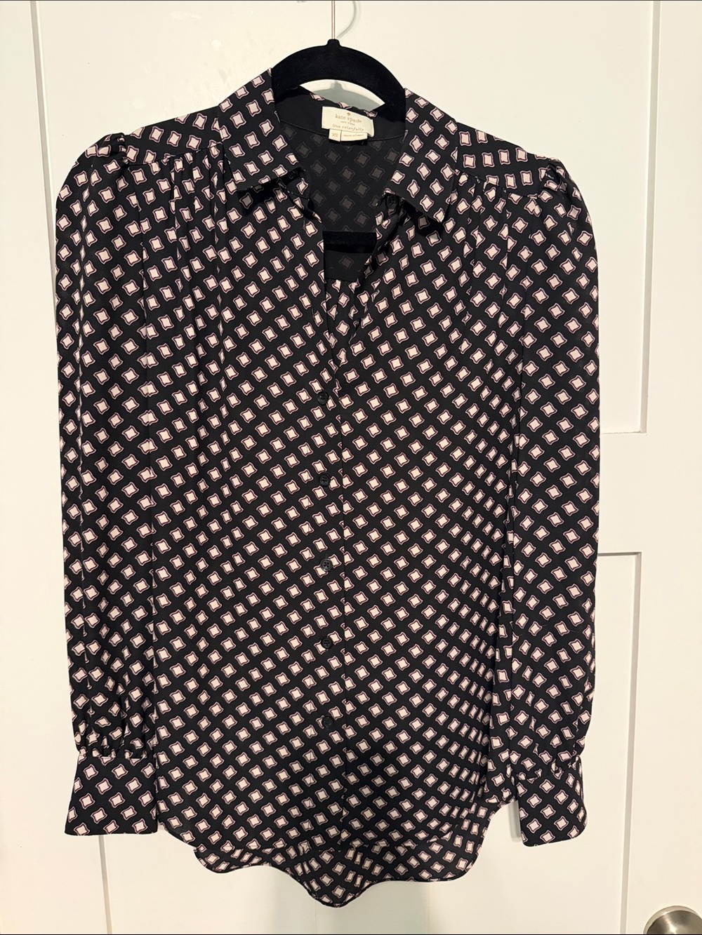 kate spade Black Button Up Business Casual Shirt with Burgundy Geometric Print
